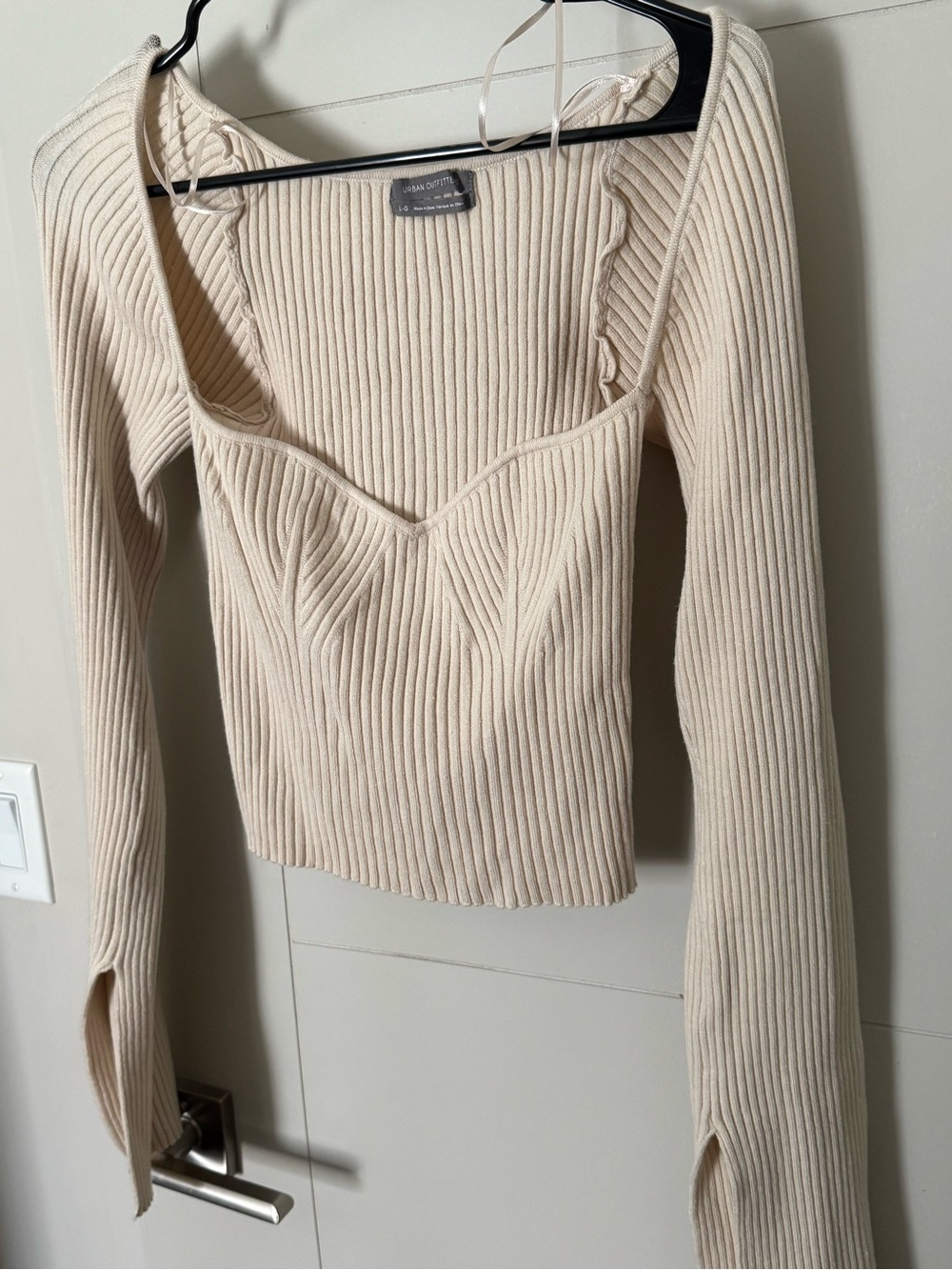 UO Ribbed Long-Sleeve Knit Top - Cream